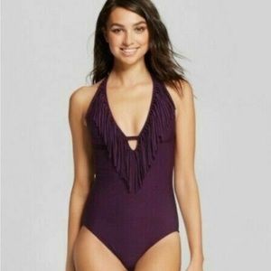 MOSSIMO Womens One Piece Swimsuit Chocolate Cherry (Plum)  Fringe V Neck Medium